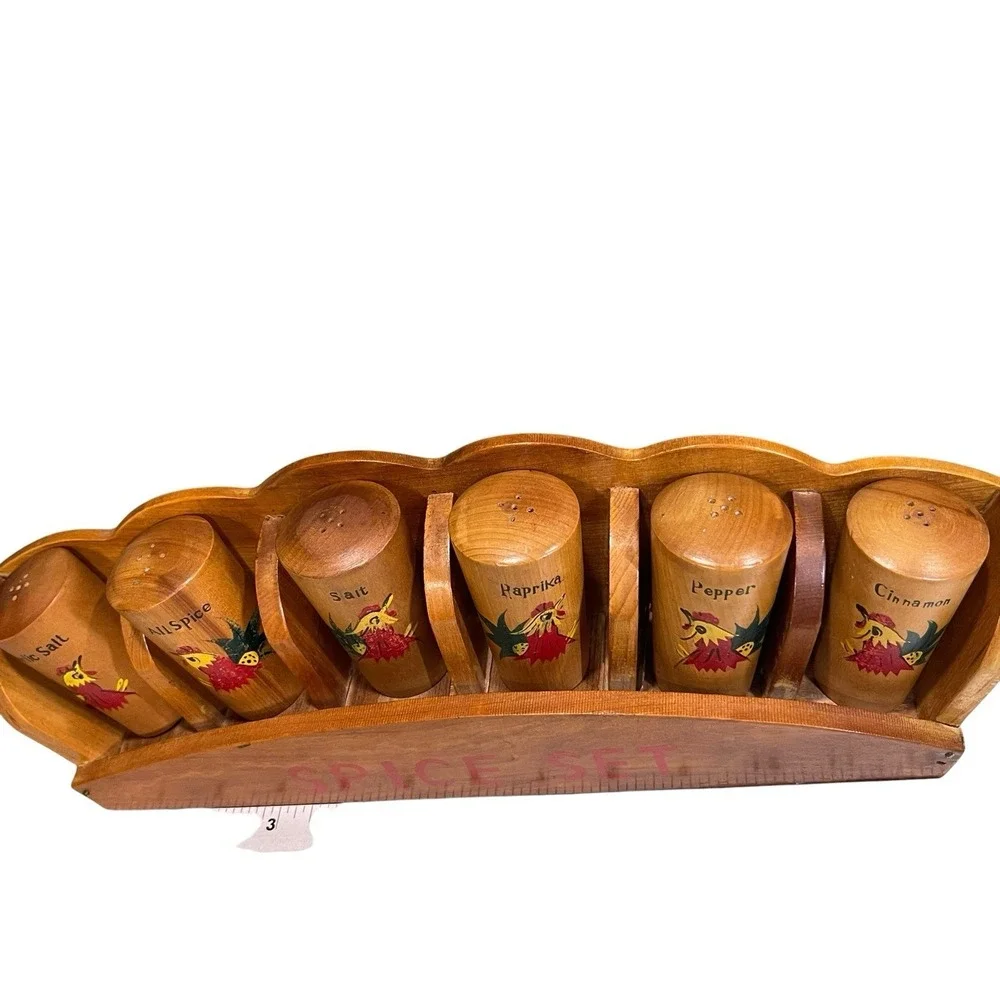 Vintage Wooden Spice Rack Rooster 6 Spice Containers Decor